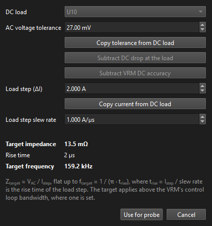 Target impedance calculator dialog
