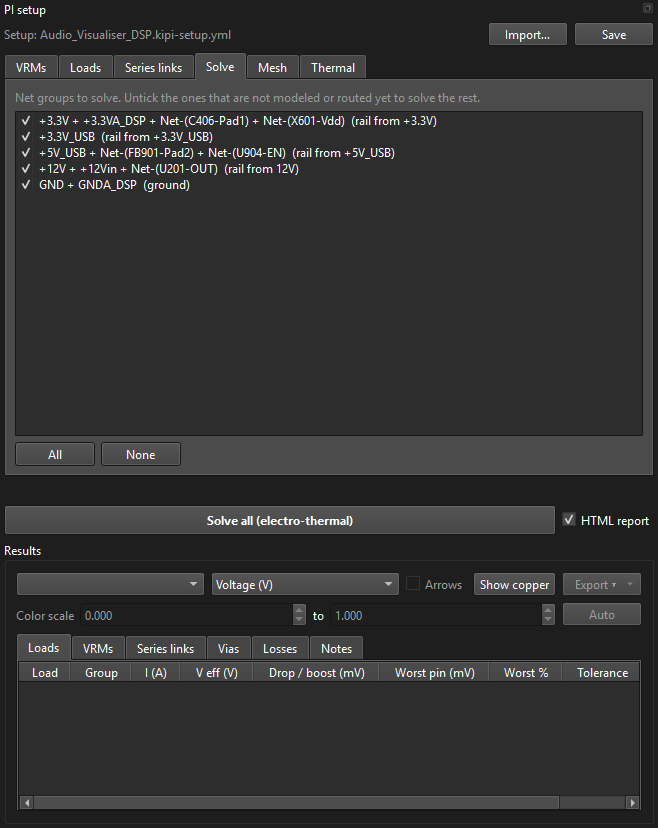 The Solve tab listing net groups with checkboxes
