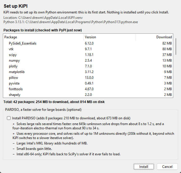 The launcher's setup window listing packages and the PARDISO option